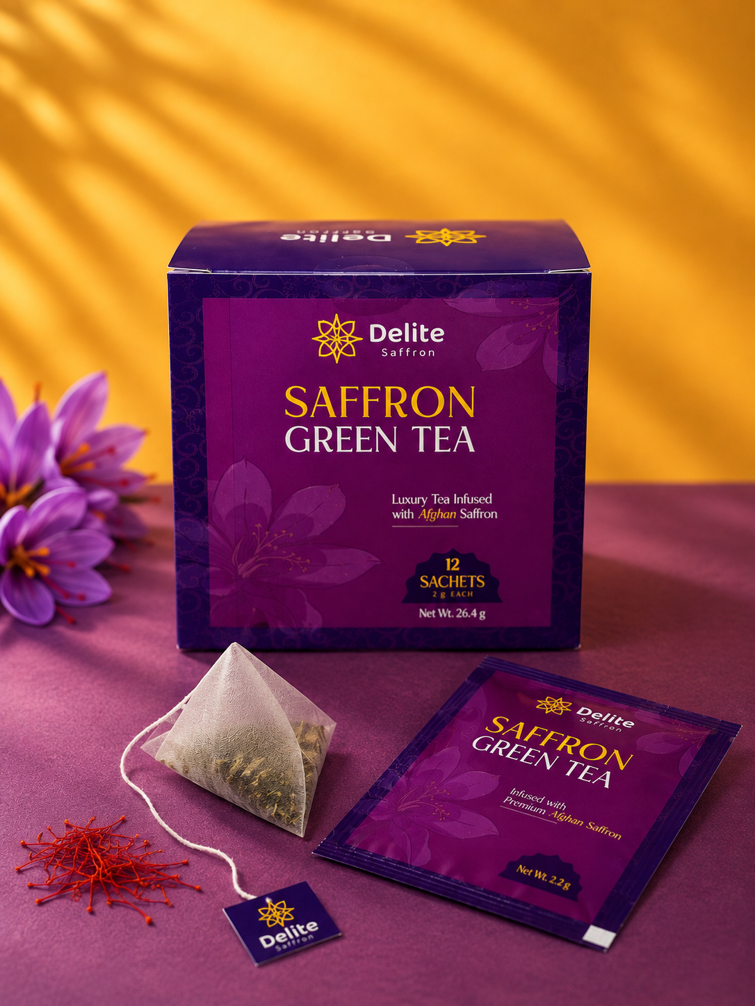 Delite Saffron Green Tea – Premium Afghan Saffron Blend | 12 Tea Bags