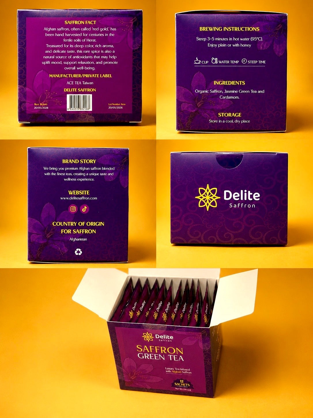 Delite Saffron Green Tea – Premium Afghan Saffron Blend | 12 Tea Bags