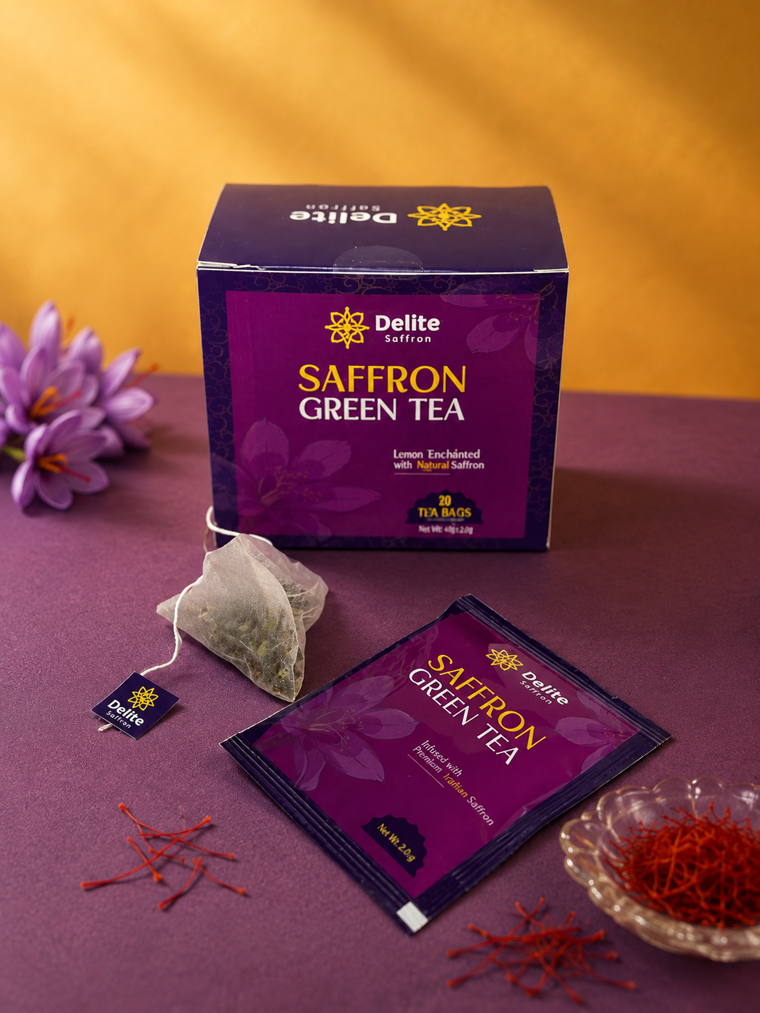 Delite Saffron Green Tea – Premium Afghan Saffron Blend | 12 Tea Bags