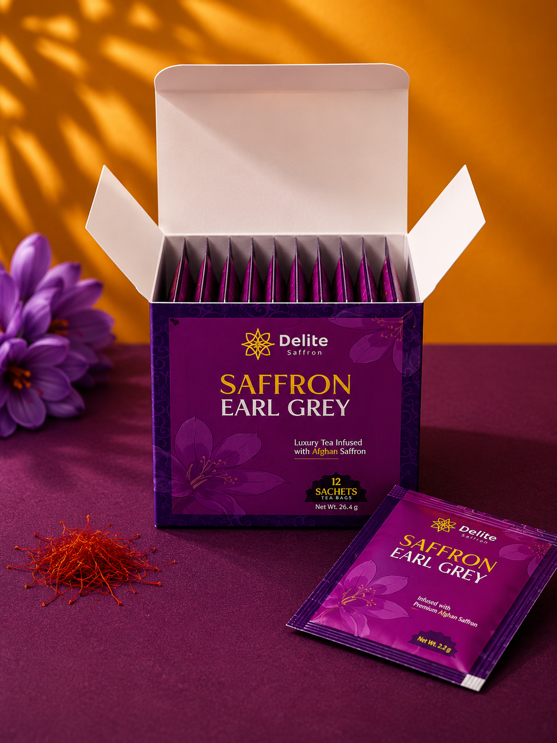 Delite Saffron Earl Grey Tea – Premium Afghan Saffron Blend | 12 Tea Bags