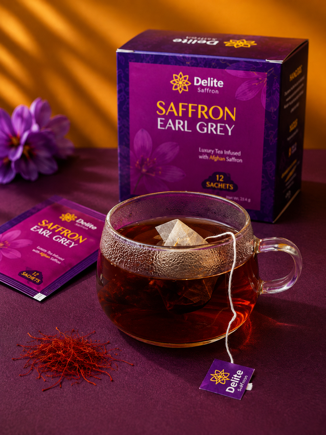 Delite Saffron Earl Grey Tea – Premium Afghan Saffron Blend | 12 Tea Bags