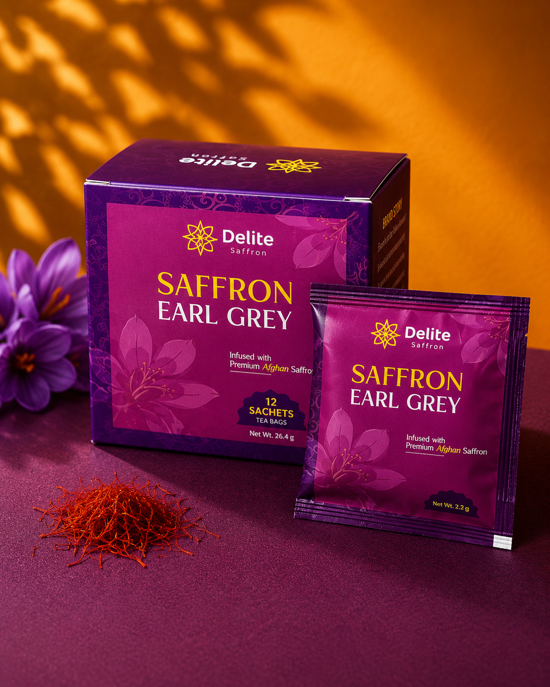 Delite Saffron Earl Grey Tea – Premium Afghan Saffron Blend | 12 Tea Bags